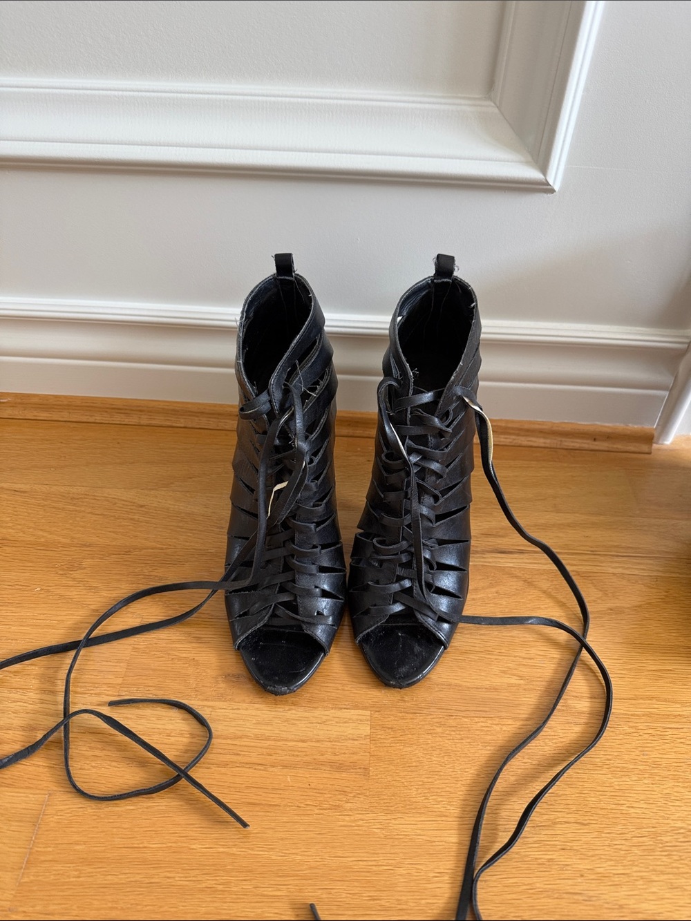 Zara Black Lace-Up Peep-Toe Cage Heeled Boots